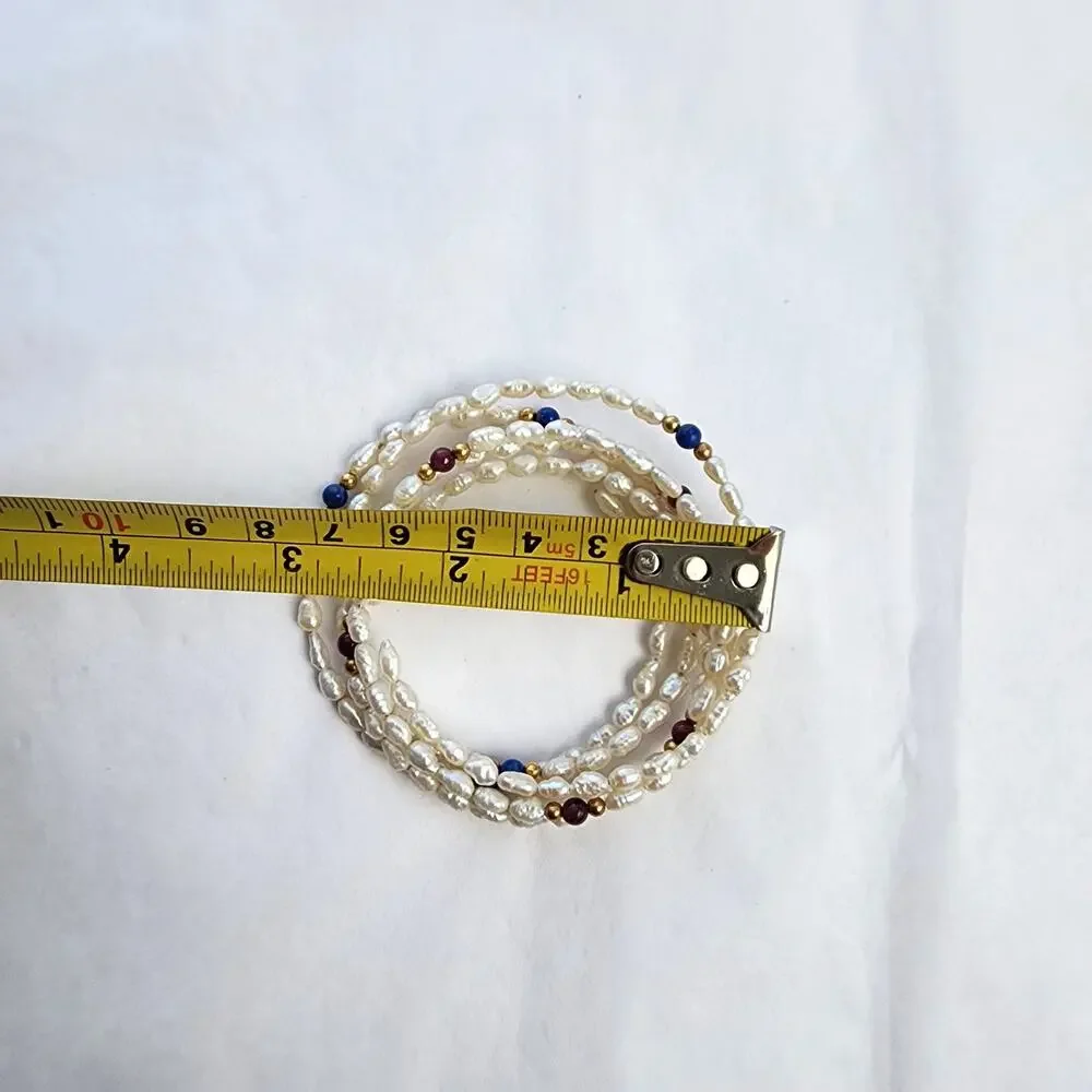 Wrap around bracelet genuine rice pearls white‎  Garnet gold beaded boho artisan
